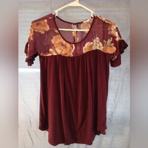 Maurice Floral Sheer Rayon Burgundy Women's Top